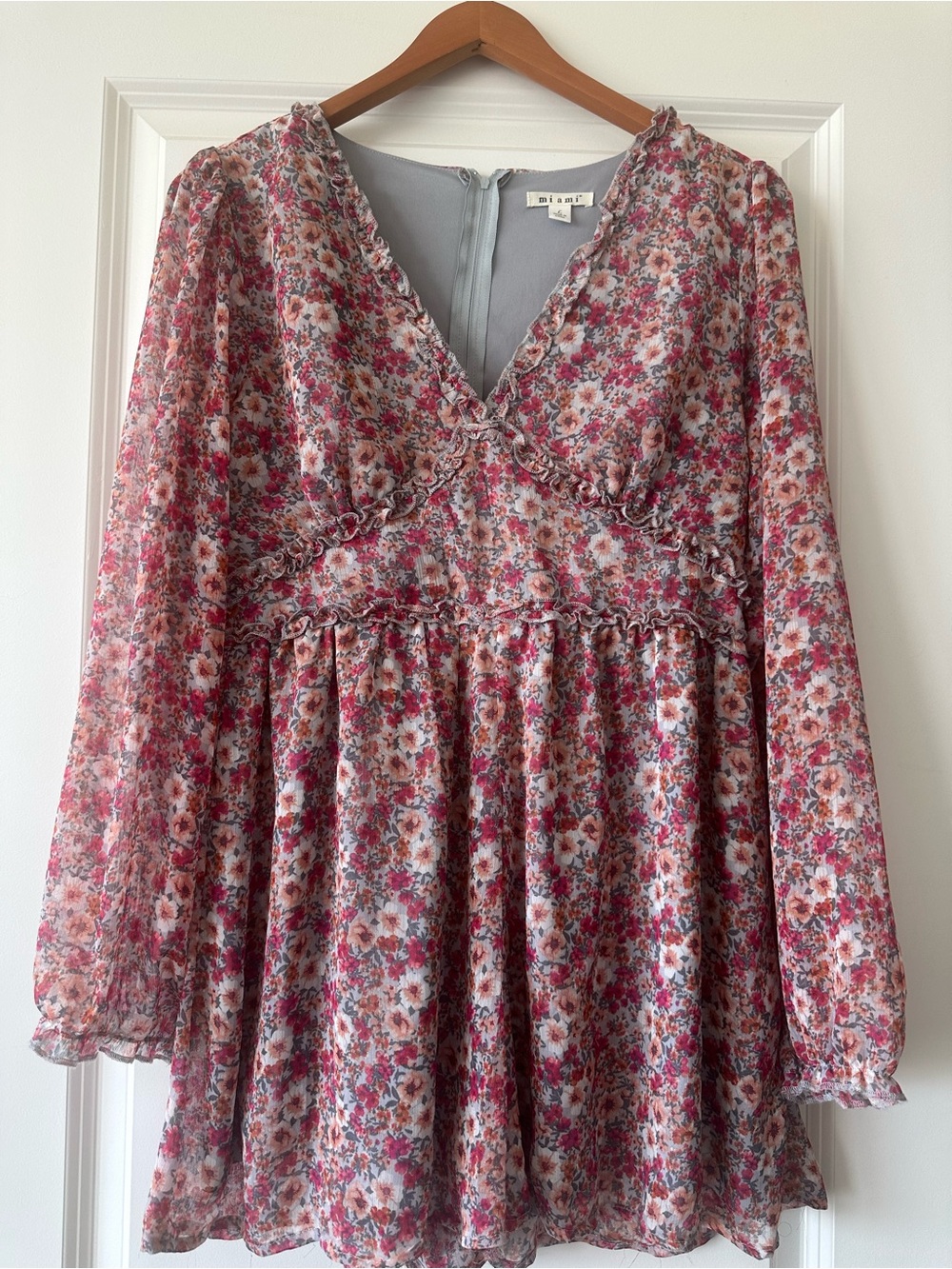 Floral Ruffle V-Neck Long Sleeve Romper - Pink